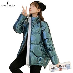 Pinkyisblack Autumn Casacos de inverno feminino Fashion Glossy Stand Collar Parkas Winter Jacket Women Women Shinny acolchoado Casal de algodão 201214