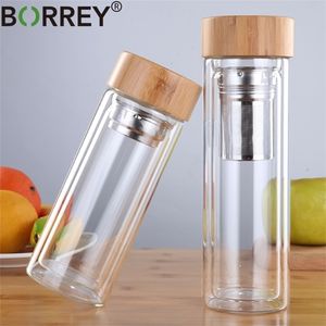 Borrey 450ml Glas Vattenflaska Anti-Scald Dubbelvägg Te med Infuser Filter Strainer Office Clear Drinking 220329