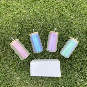 Süblimasyon glitter cam ahşap kapaklı 16 oz pırıltılı UV renk şarap bardaklar DIY ısı transferi bira bardaklar 4 renkler süblimating içme kupa a12