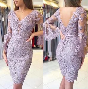 Latest Charming Short Lavender Lace Applique Mother of the Bride Dresses Long Sleeve V Neckline Wedding Guest Gowns Back Outs C0606x