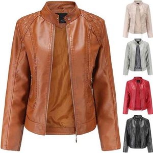 Fall Women Pu Outwear Solid Color Faux Leather Flight Jacket Coat zip Up Stand-Up Autumn Coats Winter Streetwear 210908