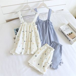 Summer Style Ladies Pajamas Two-piece 100%Cotton Crepe Suspender Shorts Vest Suit Sweet And Loose Home Service Sexy Pjs 220329