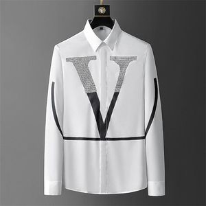 Men's Dress Shirts Big V Rhinestones Slim Long Sleeve Shirt Men Trend Lapel Mens Casual Social Club Outfits Black White