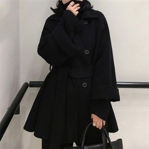 Vinter 2020 Kvinnor Wool Coat Vintage Overcoat Solid Black Double Breasted Hepburn Casual Fashion Lace Up Wool Blends Outwear T200814