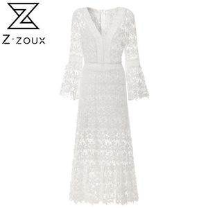 Z zoux Women Dresses White Lace Dress Flare Sleeve V neck Hollow Out Long Plus Size Sexy 2020 Party Evening LJ200818