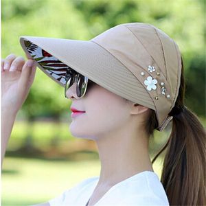 Wide Brim Hats 2022 Summer Hat Women Beach Sun Pearl Packable Visor With Big Heads UV Protection Female Cap Oliv22