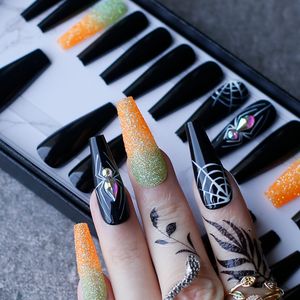 Luxury black coffin spider with crystal Handmade painting false nails Orange glitter ombre french Press on nails Gothic 220725