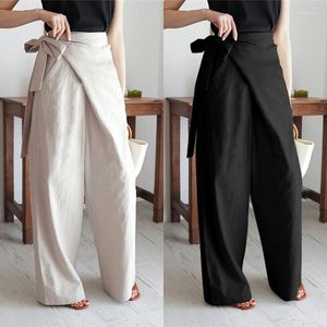 Casual Cotton Linen Women High Waist Wide Leg Pants Summer Autumn Office Band Loose Palazzo Trousers Female Black White