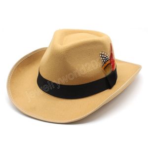 Solid Color Western Cowboy Hat Men Vintage Cowgirl Jazz Cap New Feather Band Gentleman Fedora Toca Sombrero Hombre