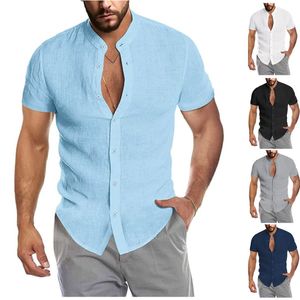 Mens Linen Blouse Short Sleeve Baggy Buttons Summer Solid Comfortable Pure Cotton And Linen Casual Loose Holiday Shirts Tee Tops 220614