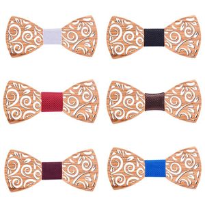 Bow Ties Design Handgjorda justerbara träband Mens Floral Hollow Carved Wood Bowtie för man Bröllopstillbehör Neck Giftbåge