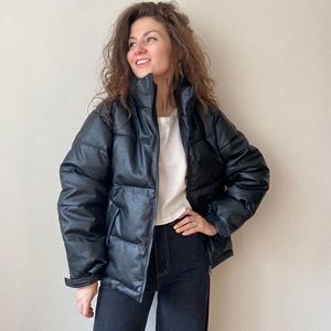 Kvinnor Winter Leather Parkas Solid Thicken Zipper Warm Windproect Pu Leather Jackets Snörock för kvinnlig storlek M3XL 201026