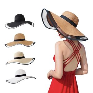 Breda randen hattar handgjorda väv solhatt för kvinnor svart band snörning mesh vävstör stort halm utomhus strand sommarmössa