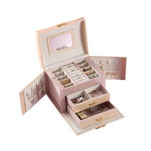 Wholesale three boxes resale online - Luxury Three tier Storage Jewelry Box With Mirror Portable Silk Thread Storage Box Stud Earrings Ring Jewelry Box