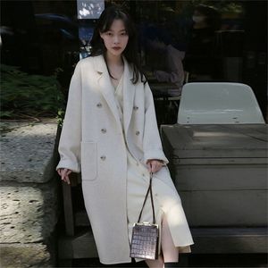 Coreia Mulheres outono Inverno Bedido duplo de caxemira longa casaca de lã fina damas de manga comprida sobretola parka jaqueta 201215