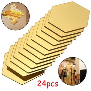 24pcs Altıgen Ayna Sticker Altın Kendinden Yapışkan Mozaik Fayans Duvar Sticker Çıkartmaları Diy Yatak Odası Oturma Odası Banyo Ev Dekoru 220504