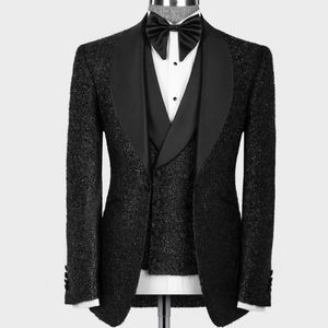 Mais recente casamento smoking casaco calha desenhos moda brilhante homens negros ternos para o noivo desgaste fita fita tano masculino baile festa 3 peças (jaqueta + colete + calça + bowtie)