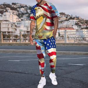 Men's Tracksuits Men's Tracksuit Casual Outfit 2 Piece Long Sleeve T-Shirt Trousers Set America Flag Oversized Streetwear Suit Daily Clo