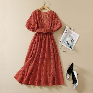 2022 Summer 1/2 Half Sleeve V Neck Chocolate Floral Lace Belted Mid-Calf Dress Elegant Casual Dresses 22Q151632 Plus Size XXL