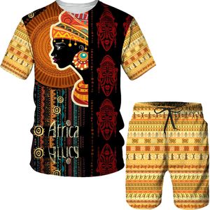 Erkekler Kadınlar Afrika T Shirt Pantolon Eşofman Seti Yaz Rahat Tees / Şort / Takım Elbise Vintage Stil 3D Baskılı Geleneksel Giysileri 220408