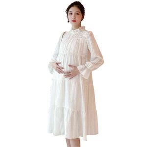 Maternity Autumn Clothes Pregnant Women Dress Ruffles Collar Long Flare Sleeve Pleated Patchwork Pregnancy Chiffon Dress Loose J220628