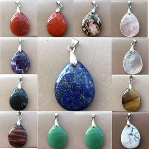 Pendant Necklaces Aventurine Tiger Eye Crystal Howlite Rhodorite Lapis Lazuli Jaspe Carnelian Water Drop Bead 1pcs WFH809Pendant