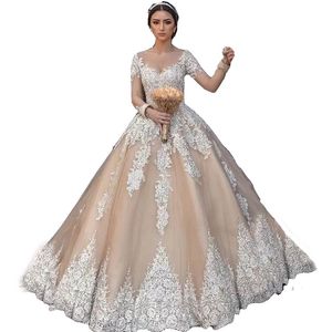 New Arrival Champagne Sheer Neck/Straps Applique Beads Ball Gown Wedding Dresses With Poet Long Sleeves Simple Garden Beading See Through Bridal Gown