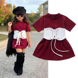 Fashion Summer Toddler Baby Girls Dressbelt PCS Outfits Set Solid Short Sleeve knie lengte Aline Dress Kids Girls Kleding J220519