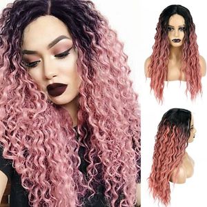 Women Synthetic Wigs Hair Selling wigs hair lace long curly hair high temperature silk full hair gradually pink Gradient High temperature wire hot selling C0067