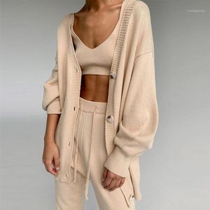 Calças femininas de duas peças Mulheres Tracksuit Set 2022 Senhoras Strapless Wear Cable Knit Crop Top Streetwear Terno Cor Sólida Sexy Roupas de Outono