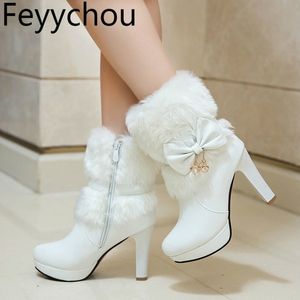 Women Boots Autumn Winter Warm Fur New Sexy Fashion Pu Midcalf Motorcycle Snow Boots Black Pink White Highheeled Shoes Y200115