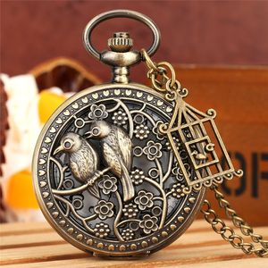 Antique Pocket Watch Hollow Out Bird Cage Unisex Quartz Analog Display Clock Sweater Chain Arabic Numeral Dial Gift