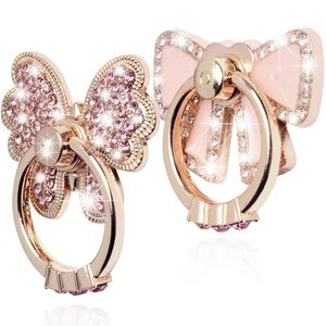 Luxury Glitter Diamond Universal Metal Finger Ring Grip Stand Holder Kickstand Pink Bowknot Butterfly For iPhone 13 12 Pro Max 8 Plus Samsung S22 S21 Ultra Smartphone