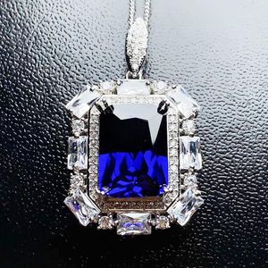 Medaillons, blauer Saphir, rechteckiger Halsketten-Anhänger pro Schmuck, 7,5 ct Edelstein, 925er Sterlingsilber, fein, T29903