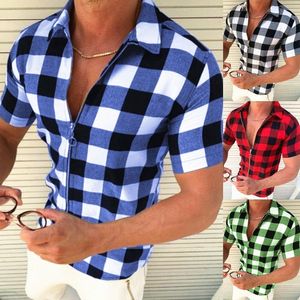 Herr Slim Fit Lapel Plaid Print Shirt Top Fashion Zip Cardigan Kort ärm T-shirt 220505