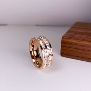 Luxury Rose Gold Color Double Row Square Zircon Stainless Steel Ring For Women Romantic Engageme Wedding Party Jewelry Female 220719
