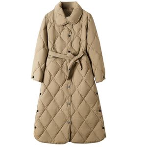 Women's Trench Coats Winter Long Coat Rhombus Pattern Casual Sashes Women Parkas Pockets Tailored Collar Puffer Jacket Cotton-padded Outwear