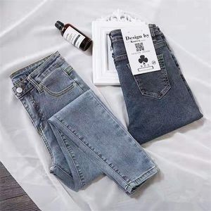 Grande Tamanho Grande 100 kg azul cinza alongamento de cintura alta jeans Versão coreana feminina Slim Little Pergui -Lápis Frense -Lápis 210302