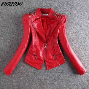 Swredmi Fashion Red Motorcycle Leather Jacket Women Rivet zippers stippers coat legle coat plus size s-3xl suede uterwear 210923