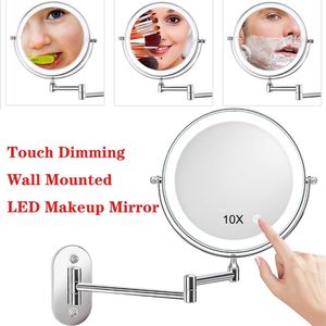 10-fach vergrößernder Wandmontage-Licht-Make-up-Spiegel, 2-seitiger Touch-Dimm-LED-Waschtisch, Grossissant Miroir Mural Cosmetic 220509
