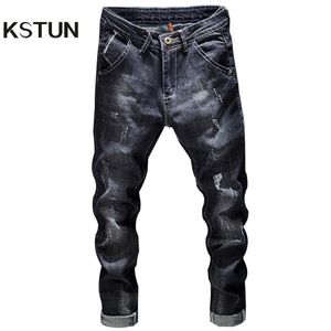Kstun Ripped Men Dark Blue Stretch Slim Fit Estrerad Streetwear Denim Pants Casual Retro Biker Jeans Man Trousers Hiphop 210330