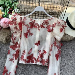 Women's Blouses & Shirts Gauze Short Zipper Slim Tops D Butterfly Embroidery Shirt Women Puff Sleeve O-neck 2022 Spring Korean BlousesWomen'