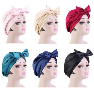 Raso Big Bowknot Hijab Turban Hat berretto da notte setoso per le donne Copricapo Cap femme musulman turbante mujer accessori per capelli