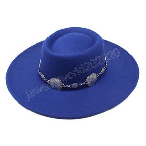 Brittisk stil fedora hattar för kvinnor 9,5 cm stort randen lyxbälte band filt jazzhattar bröllopsklänning formell mössa