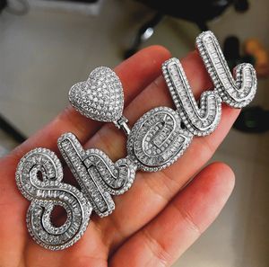 Custom Baguettes Script Letters Pendant With Heart Clasp Necklace Tennis Chain Micro Paved CZ Personalized Hiphop Jewelry