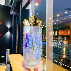 Starbucks Alla hjärtans dag kopp 2021 Magic Crown Glass Straw Cup med omslag Love Relief Mermaid Water Cup