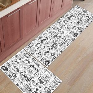 Carpets Play Game Black White Cartoon Graffiti Kitchen Mat Home Entrance Doormat Living Room Decor Floor Carpet Bathroom Anti-Slip Rug