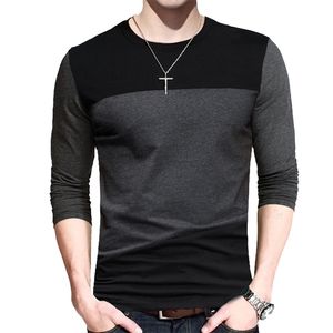 BROWON Autumn Korean Men T Shirt Vintage Style Patchwork Black&gray O neck Long Tshirt Men Clothing 2021 Plus Size M 5XL 210319