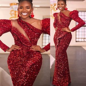 2022 Plus Size Arabisch Aso Ebi Meerjungfrau Rot Stilvolle Ballkleider Sheer Neck Abend Formale Party Zweiter Empfang Geburtstag Verlobung Brautjungfernkleider Kleid ZJ205