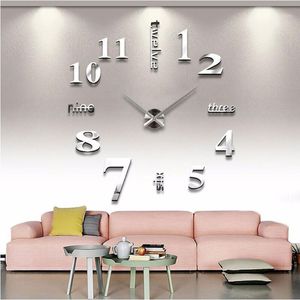 Große Wanduhr, 3D-modernes Design, geräuschlos, großer digitaler Acrylspiegel, selbstklebender Aufkleber für Wohnzimmer-Dekoration